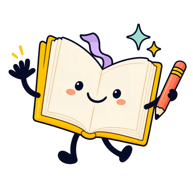 Un libro sonriente saluda con un lápiz en la mano.