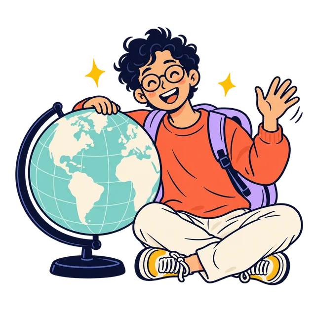 Un explorador con mochila descubre el mundo junto a un globo terráqueo.